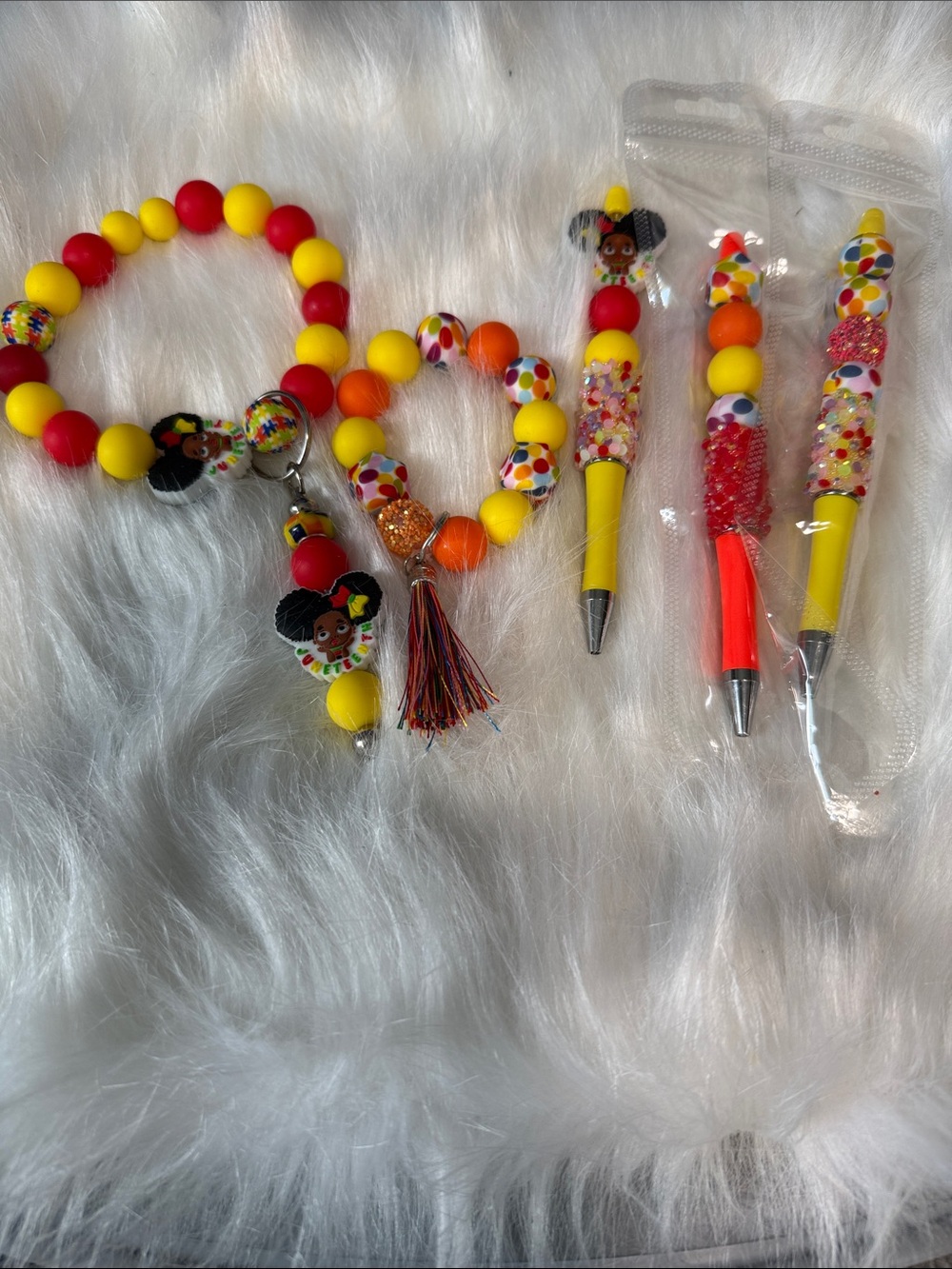 Yellow & Red Kids Beaded Bracelet and Pen Set